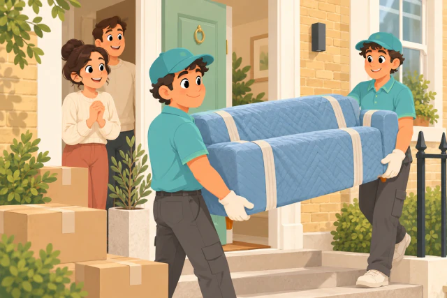 Two movers carrying a sofa into a London home