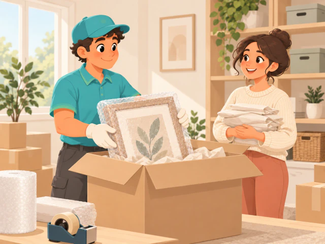 Mover wrapping a framed picture for packing