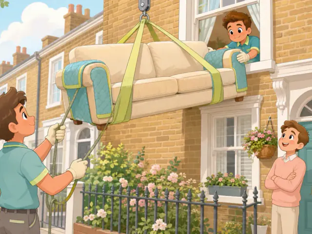 Crew hoisting a sofa through a first-floor window