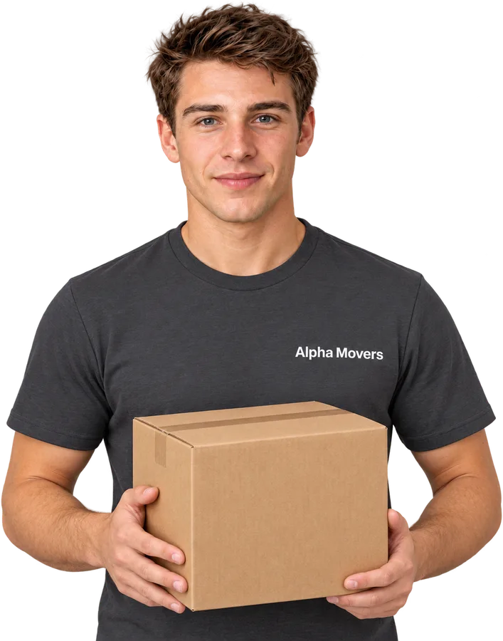 Giga Removals mover holding a box, Central London